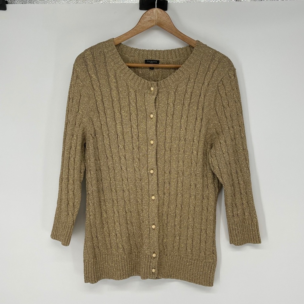 Talbots‎ Petites XL Gold Metallic Cable Knit Cardigan 3/4 Sleeve Holiday Sparkle